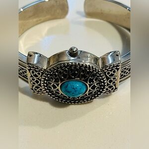 Silver Tone Cuff Bracelet Quartz Analog Southwestern Turq filigree Watch.